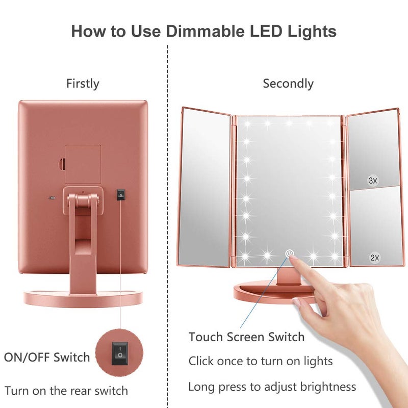 WEILY Lighted Makeup Mirror  Tri-fold Vanity Mirror with 1X/2X/3X Magnification Mirrors  21 Natural LED Nights and Touch Screen  Chargeable Travel Cosmetic Mirror for Desktop (Rose Gold) - Image 5